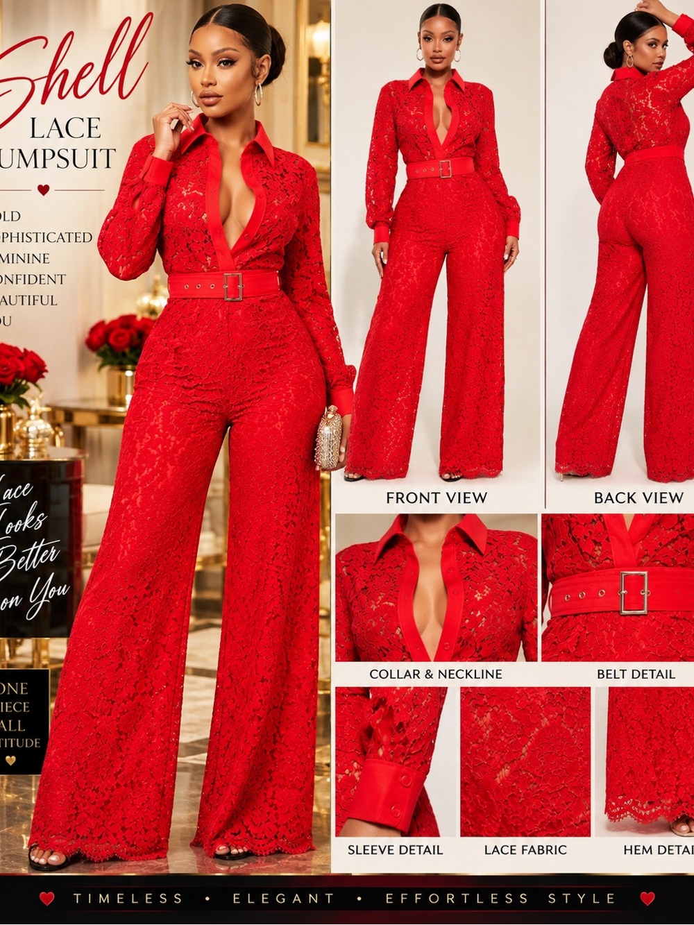 Fashion Nova Shell Lace Long Sleeve Jumpsuit - Red